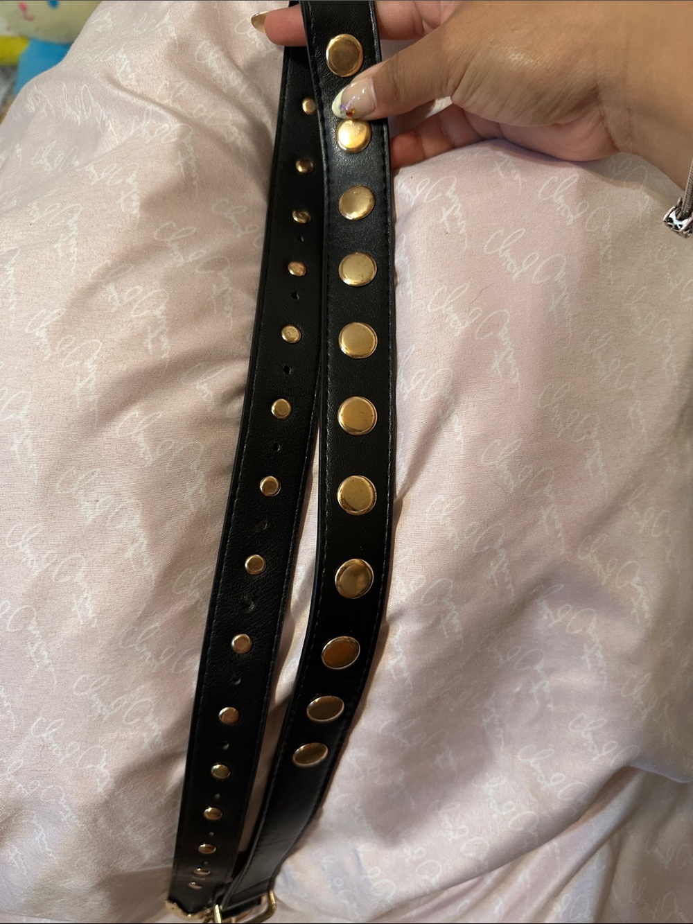 Black Leather Studded Waist Belt with Gold Accents